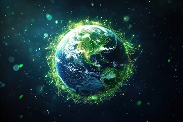 A 3D-rendered Earth surrounded by interconnected sustainable businesses, symbolizing ethical trade, social responsibility, and green innovation, immersive deep blue and green concept