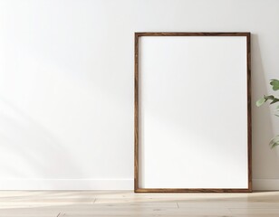 Blank Framed Poster Mockup on White Wall and Wooden Floor.