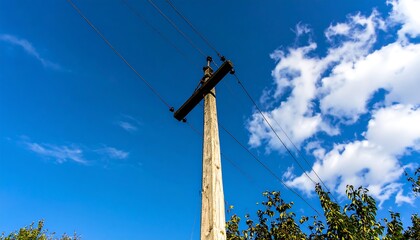 Obraz premium Wooden utility pole with wires against a partly cloudy sky