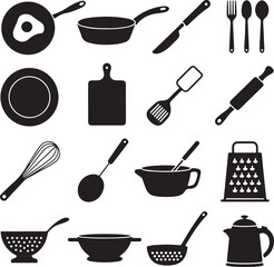 Collection of kitchen utensils and cookware icons in silhouette cooking food