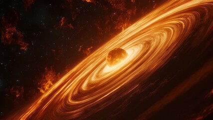 A bright star emerges in the cosmos, surrounded by swirling gas and fiery materials as a new solar system takes shape