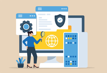 Flat illustration of woman checking system security of cybersecurity audit with magnifying glass