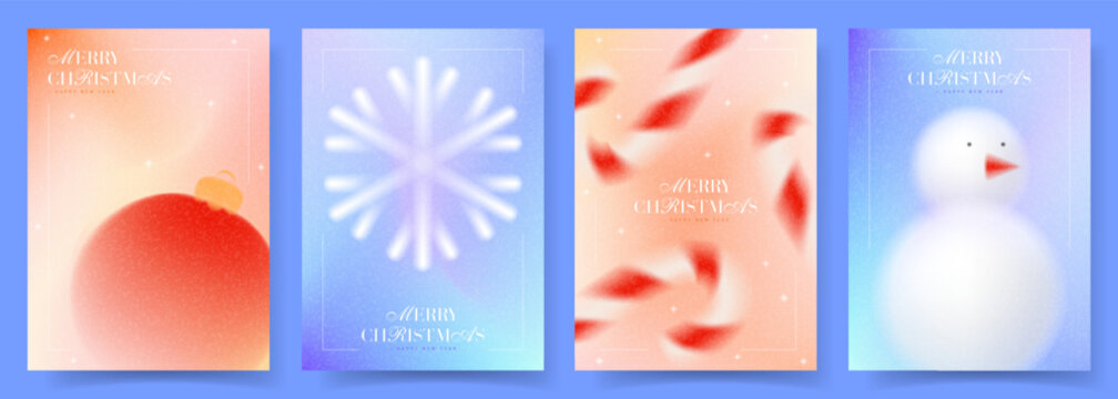 Merry Christmas and Happy New Year holiday cards. Gradient style vector posters with Christmas ball, snowflake, snowman, candy canes and typography design. Trendy minimalist New Year posters.
