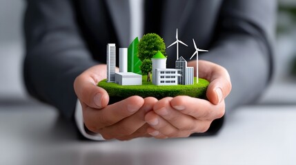 A business professional holding a miniature model of a sustainable energy infrastructure, including wind turbines and energy-efficient buildings.