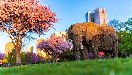 Elephant in a park with blossoming trees and a city background.  A tranquil scene