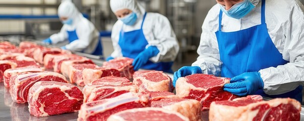 Workers in protective gear process large cuts of meat in a clean environment, showcasing the meat processing industry.