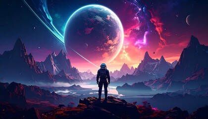 Astronaut gazing at a vibrant alien landscape