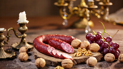 Fototapeta premium Delightful charcuterie spread featuring cured meats and fresh fruits