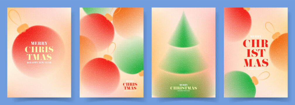 Merry Christmas and Happy New Year flyers. Gradient style vector posters with Christmas balls, fir tree and typography design. Simple minimalist New Year posters. - Powered by Adobe