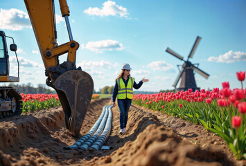 Obraz premium Woman oversees laying of cables in a field of tulips with a windmill.