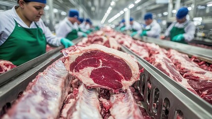 A meat processing facility where workers prepare cuts of beef, surrounded by large quantities of raw meat products.