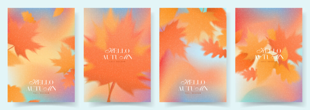 Trendy autumn gradient posters set. Vector autumn posters with fall foliage for decoration seasonal sale, advertising, banner, promotion, cards, social media. Modern gradient flyers. Fall season.