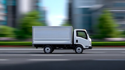A white delivery truck rapidly moving through a blurred urban environment, suggesting efficient transportation and commercial activity.
