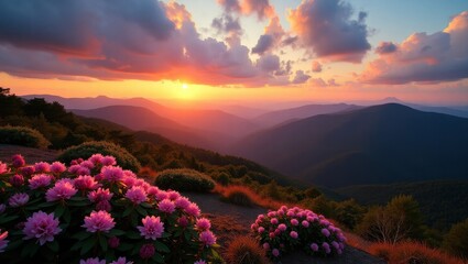 Vibrant mountain landscape at sunset with blooming pink flowers