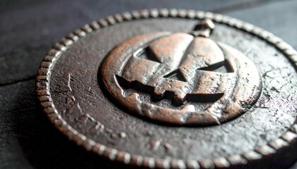 Ancient coin with carved pumpkin symbol, spooky Halloween artifact with creepy horror atmosphere, mysterious relic of autumn tradition and dark fantasy design