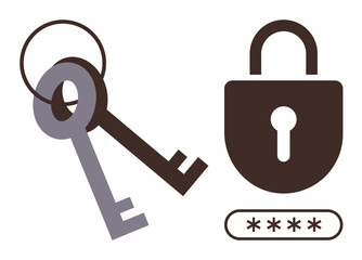 Two keys next to a padlock with a password entry field, symbolizing cybersecurity, access control, data protection, authentication, privacy, online safety, and encryption in a simple flat metaphor