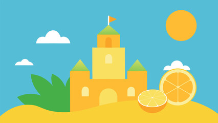 Fototapeta premium Flat Design Sandcastle with Orange Slices and Clouds on Blue Sky Background beach summer