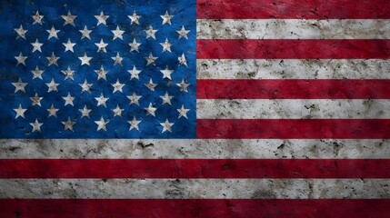 Fototapeta premium An old, distressed American flag with a worn, textured appearance, representing the patriotism and history of the United States