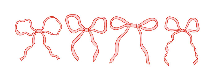 Set of hand drawn ribbon bows in coquette style. Cute feminine decorative elements for digital design, scrapbooking, planners, invitations, packaging, and social media. Isolated on white vector art