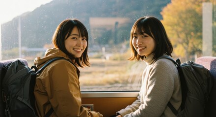 Two young Asian women embark on an autumn train journey.