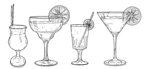 Cocktail, martini or liqueur glasses with lemon or lime slices, sketch. Vector illustration. A set of dishes for a bar or a nightclub, isolated on a white background. for menus, recipes, packaging