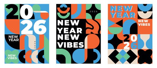 Bold geometric New Year 2026 posters in modern minimal style with colorful abstract shapes. Perfect for holiday greeting cards, festive wall art, gift wrapping, social media banners.