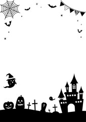 ハロウィンのかぼちゃやおばけやお城や蝙蝠の背景フレームイラスト（縦）