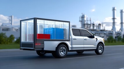 Fototapeta premium A silver pickup truck transporting multiple colorful cargo containers on the road, with an industrial cityscape in the background.