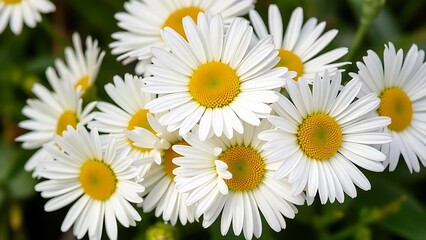 Cluster of fresh daisies with white petals and yellow centers in soft directional light.