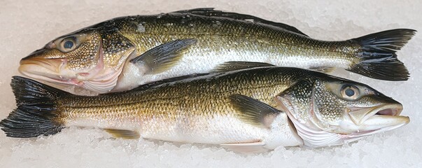 Obraz premium Two fresh fish placed on ice, showcasing their scales and fins, typically used in cooking or as a food source.