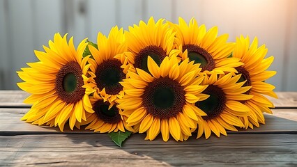 Sunflowers on a rustic wooden surface with warm golden tones and a softly blurred background.