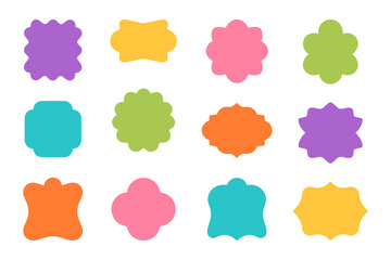 Set of colorful blank sticker shapes with rounded edges. Vector collection of decorative label elements for sale, promotion, or design.