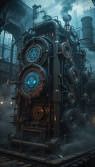 Fototapeta premium Intricate Steampunk Machinery with Glowing Blue Dials and Heavy Pipes