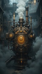 Fototapeta premium Vertical Steampunk Machine with Golden Dial and Industrial Elements