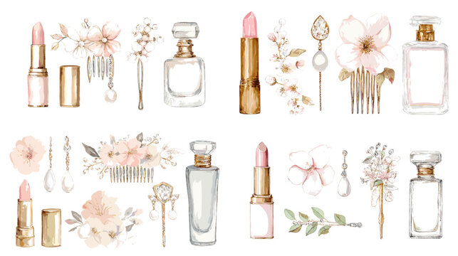 Elegant watercolor makeup set with lipsticks, perfume bottles, flowers, and jewelry. Perfect for fashion design, beauty illustrations, and feminine artwork.