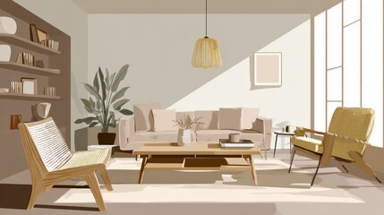 Fototapeta premium Modern scandinavian interior layout featuring stylish furniture and chairs in a bright living room