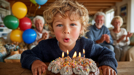 Portrait of boy blowing out candles on birthday cake in front of his family