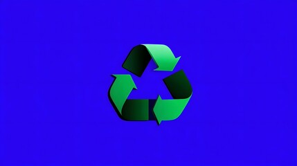 Obraz premium A simple, minimalist of the iconic recycling symbol in green against a vibrant blue background, representing sustainability and environmental conservation.