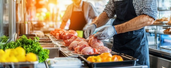 A food market scene showing workers preparing fresh meat, with vibrant produce in the foreground and a warm light enhancing the bustling atmosphere.