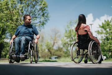 Two people using wheelchairs share a peaceful moment outside on a sunny day, surrounded by nature's beauty, promoting inclusivity, connection, and the joys of life.
