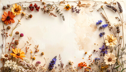 A beautiful arrangement of colorful dried wildflowers and botanical elements forming a decorative border on a textured, light-colored background, evoking a natural, rustic, and autumnal aesthetic.