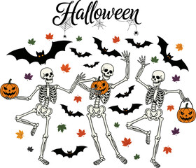 Dancing skeletons with pumpkins and bats on a Halloween background