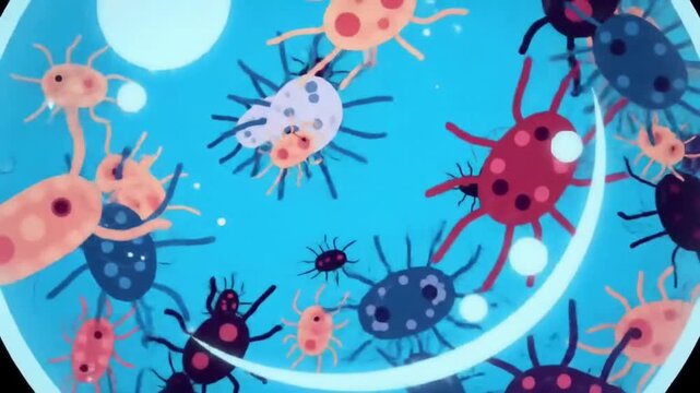 Vibrant Animated Microbes Swirling in Blue Fluid: Dynamic Germs and Bacteria with Bright Light Effects