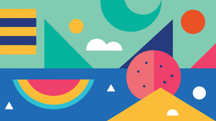 Geometric Abstract Composition with Circles Squares Triangles and Stripes on Light Green and Blue Background