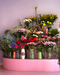 Colourful flowers on a pink background