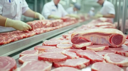 A meat processing facility where workers prepare various cuts of meat on a production line, showcasing fresh pork and beef products.