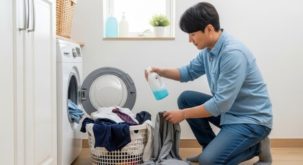 Young Asian man doing laundry at home, adding detergent to washing machine