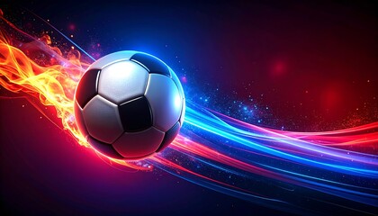 Soccer ball in motion, surrounded by fiery, energetic streaks of light