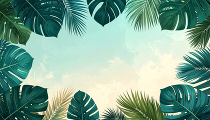 Tropical leaves frame a light blue sky, creating a vibrant natural background.