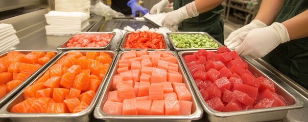 A colorful display of fresh fish and seafood preparations in a kitchen, highlighting various cuts and ingredients ready for culinary use.
